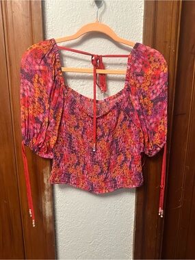 Floral Smocked Puff Sleeve Crop Top - Pink Multi
